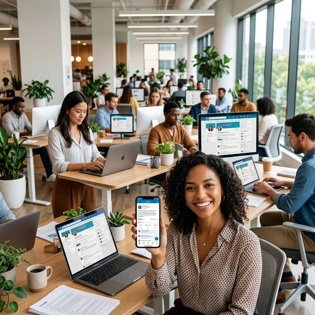 Diverse employees actively sharing content on LinkedIn from a modern open-plan office