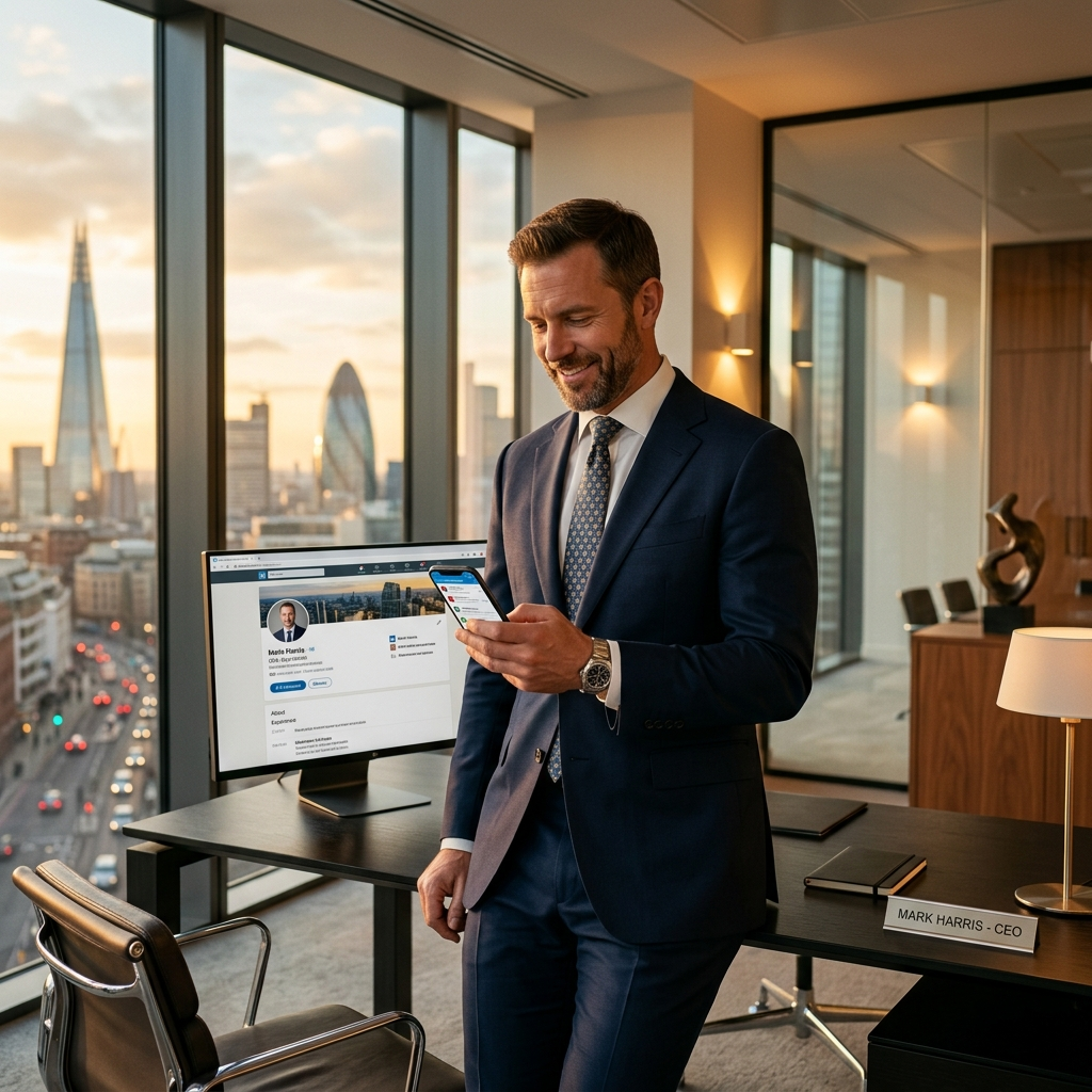 Executive checking LinkedIn engagement on phone in modern corner office at golden hour