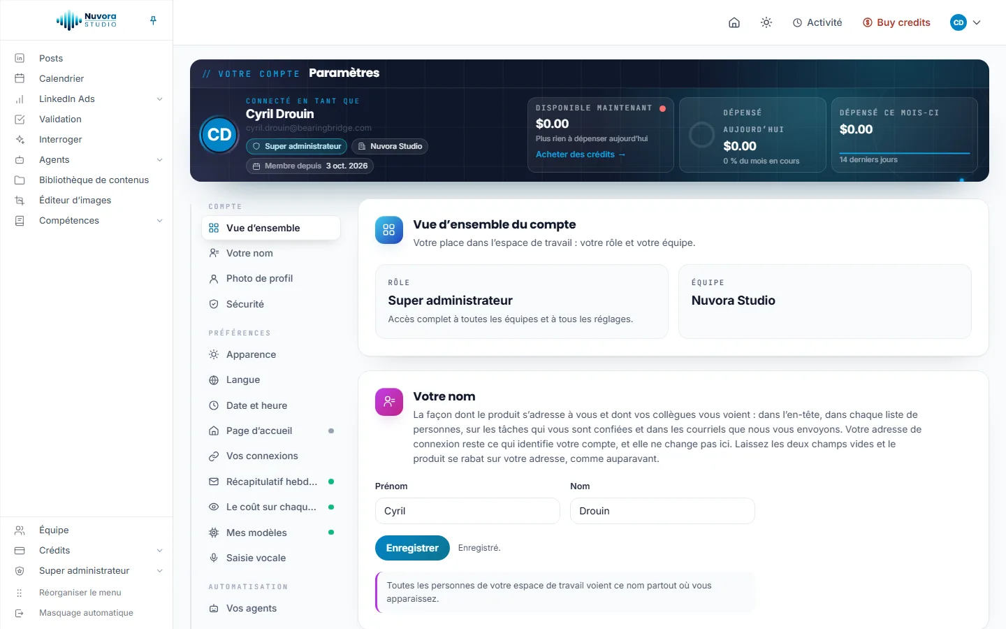 La page Paramètres : le bandeau avec la personne connectée, son rôle et son équipe, Disponible maintenant, Dépensé aujourd’hui et Dépensé ce mois-ci ; la liste des sections à gauche ; les cartes Vue d’ensemble du compte et Votre nom