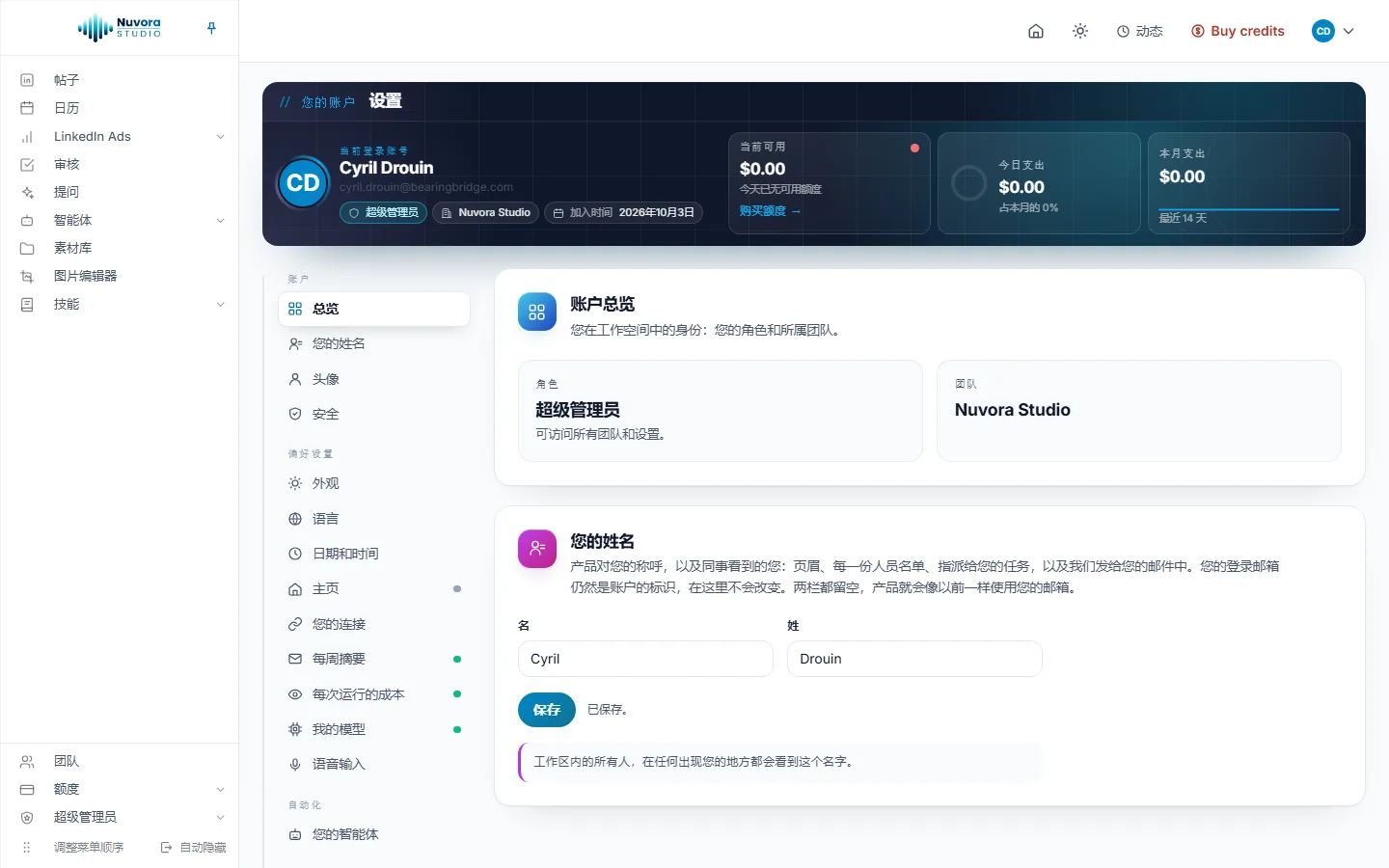 设置页：顶部横幅写着当前登录的人、角色和团队，以及当前可用、今日支出和本月支出；左侧是分区列表；右侧是账户总览和您的姓名两张卡片