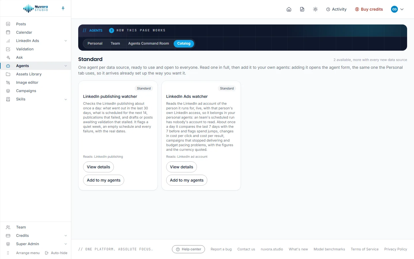 The agent Catalog: the Standard section with the LinkedIn publishing watcher and the LinkedIn Ads watcher, each with what it reads, View details and Add to my agents