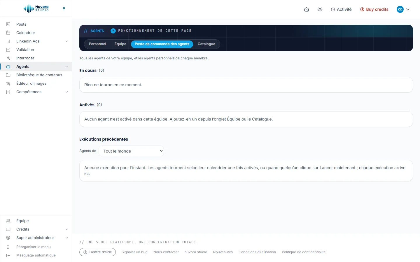 L’onglet Poste de commande des agents, vide : En cours, Activés et Exécutions précédentes avec le filtre Agents de