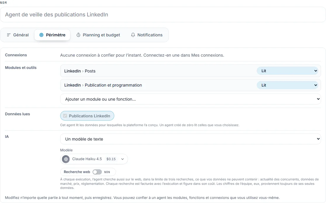 Le formulaire du Veilleur des publications LinkedIn sur son onglet Périmètre : Nom, les onglets Général, Périmètre, Planning et budget et Notifications, puis les lignes Connexions, Modules et outils (LinkedIn > Posts et LinkedIn > Publication et programmation, chacun sur Lit), Données lues et IA, avec Ajouter un module ou une fonction, Un modèle de texte, le modèle avec son prix par exécution et Recherche web