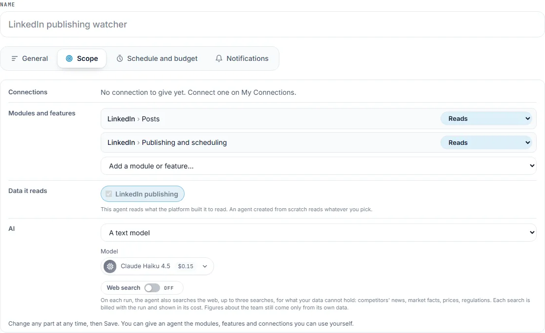 The form of the LinkedIn publishing watcher on its Scope tab: Name, the General, Scope, Schedule and budget and Notifications tabs, then the Connections, Modules and features (LinkedIn > Posts and LinkedIn > Publishing and scheduling, each on Reads), Data it reads and AI rows, with Add a module or feature, A text model, the model with its price per run and Web search