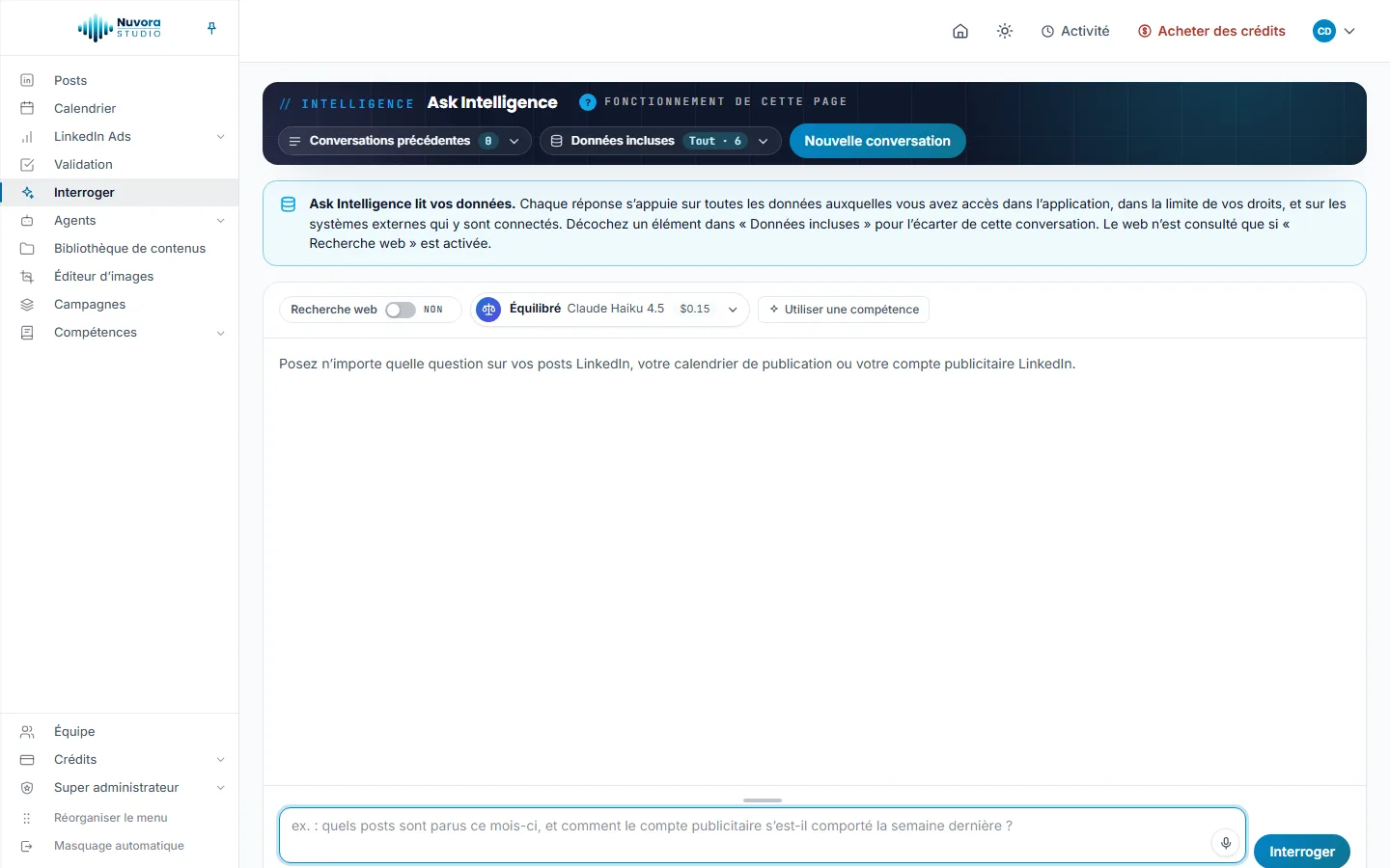 La page Ask Intelligence : Conversations précédentes, Données incluses et Nouvelle conversation dans le bandeau, l’interrupteur Recherche web sur NON, le sélecteur de modèle sur Équilibré avec le prix d’une réponse, Utiliser une compétence et la zone de saisie de la question