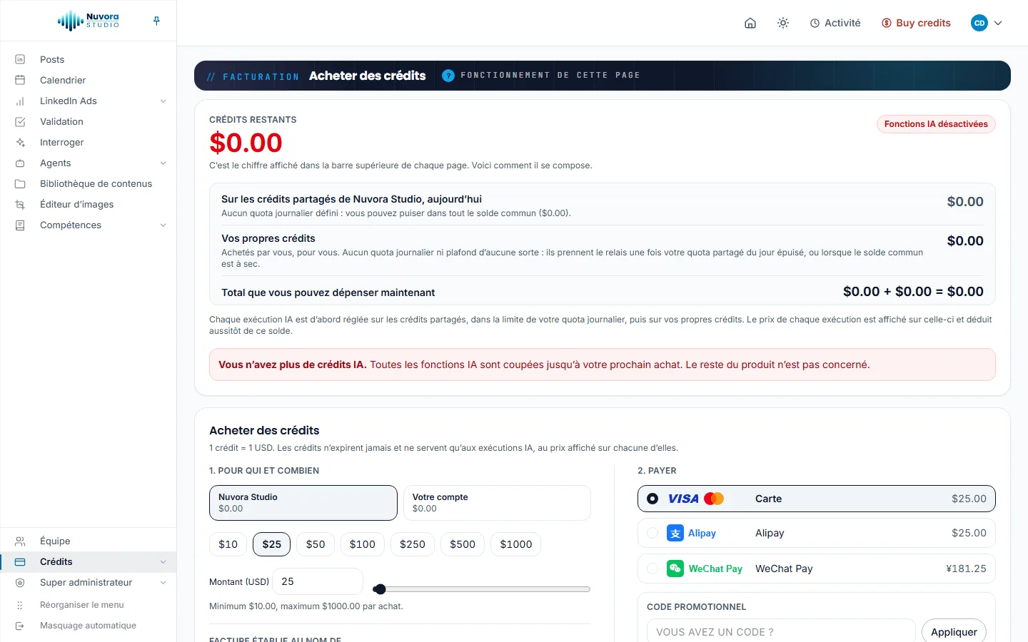 La page Acheter des crédits d’un compte vide : Crédits restants à $0.00 avec le badge Fonctions IA désactivées, la répartition entre les crédits partagés de l’équipe et vos propres crédits, puis 1. Pour qui et combien avec les onglets de l’équipe et Votre compte, les montants prédéfinis, et 2. Payer avec Carte, Alipay, WeChat Pay et le code promotionnel