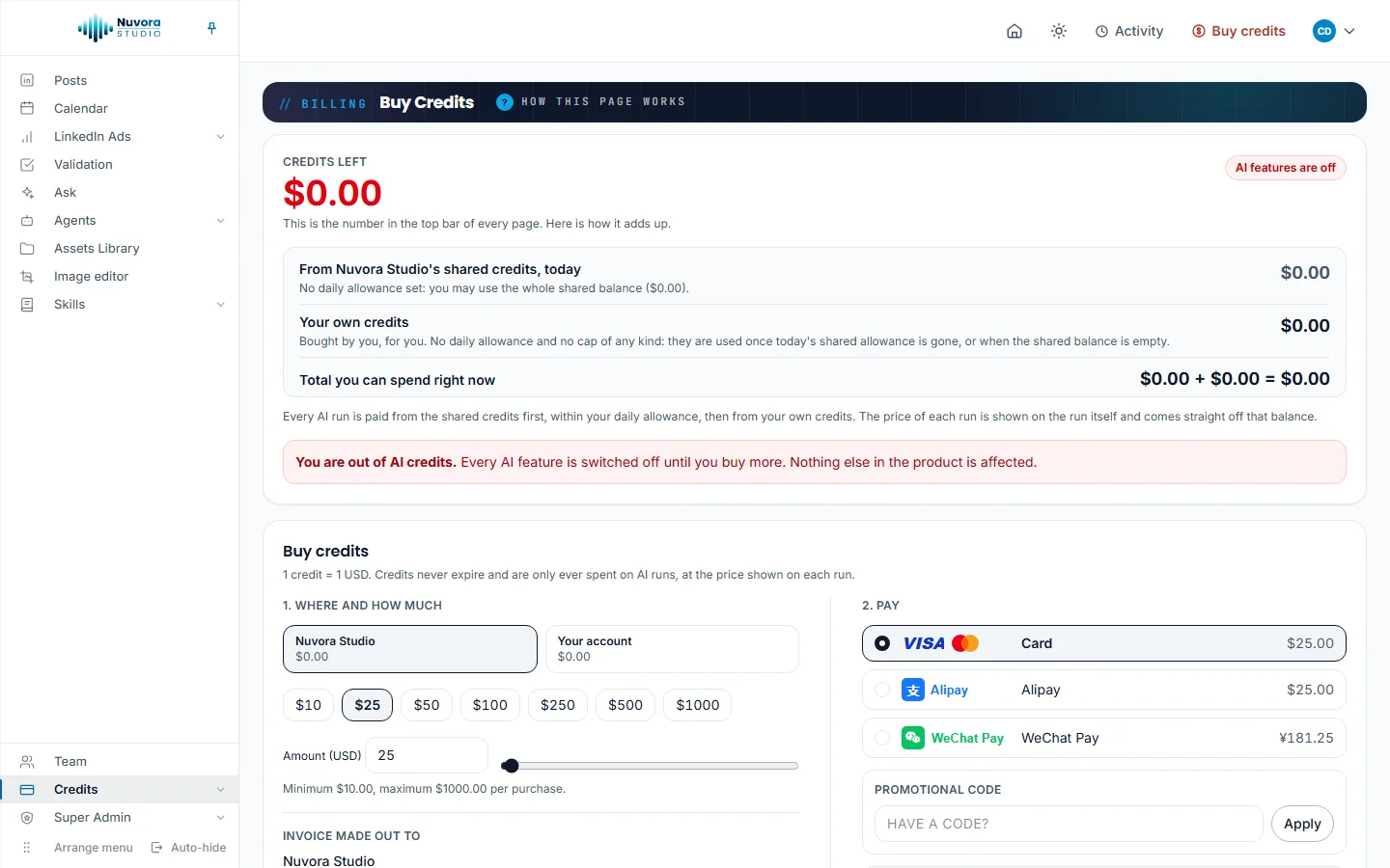 The Buy Credits page of an empty account: Credits left at $0.00 with the AI features are off badge, the breakdown between the team’s shared credits and your own, then 1. Where and how much with the team and Your account tabs, the preset amounts, and 2. Pay with Card, Alipay, WeChat Pay and the promotional code