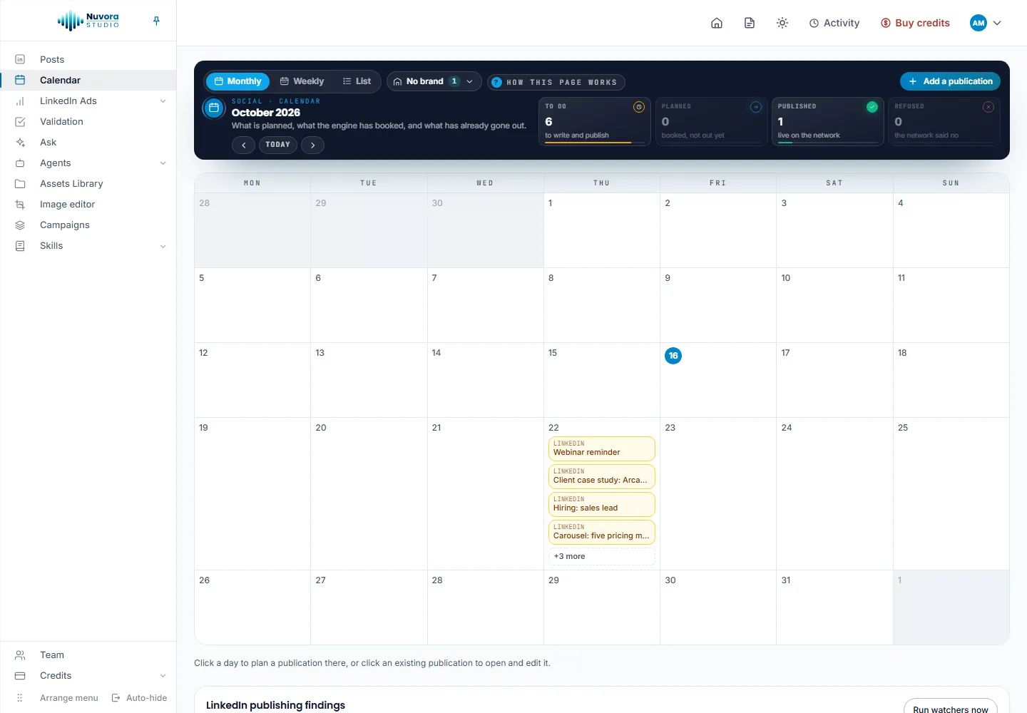 The month grid with a busy Thursday 22: four publications shown on the day and a +3 more button under them