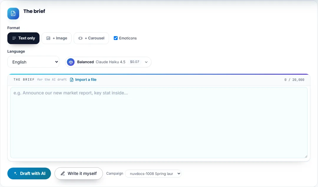 The brief of a new LinkedIn post, with nuvdocs-1008 Spring launch picked under Campaign next to Draft with AI and Write it myself