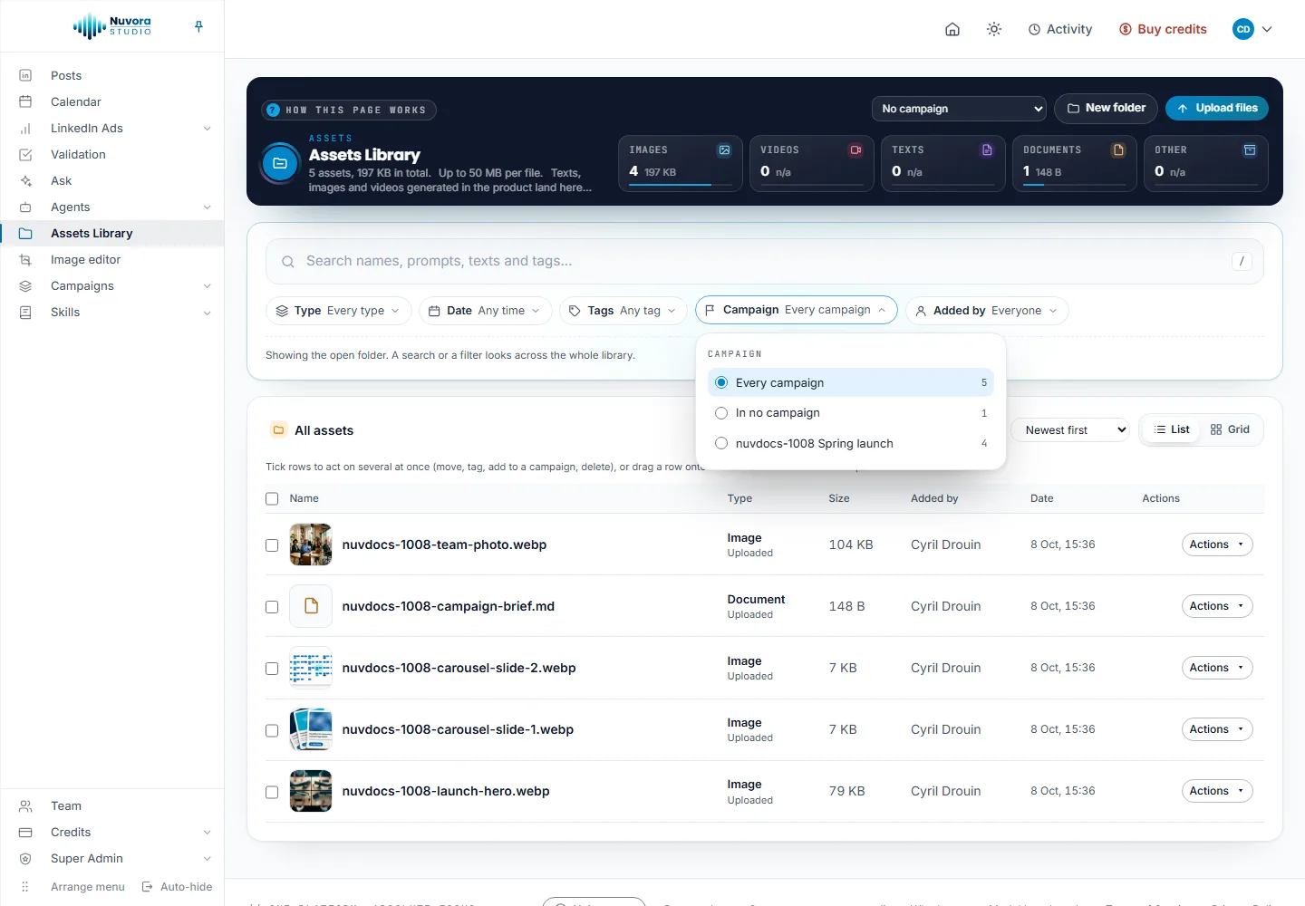 The Campaign filter open in the Assets Library: Every campaign, In no campaign and nuvdocs-1008 Spring launch, each with the number of files it would show