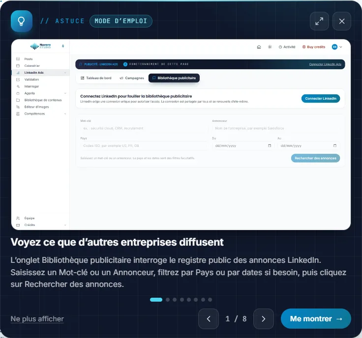Une carte d’astuces : la nature de l’astuce, une capture de Nuvora, le titre et le texte, les points et le compteur, les flèches, Ne plus afficher et Me montrer