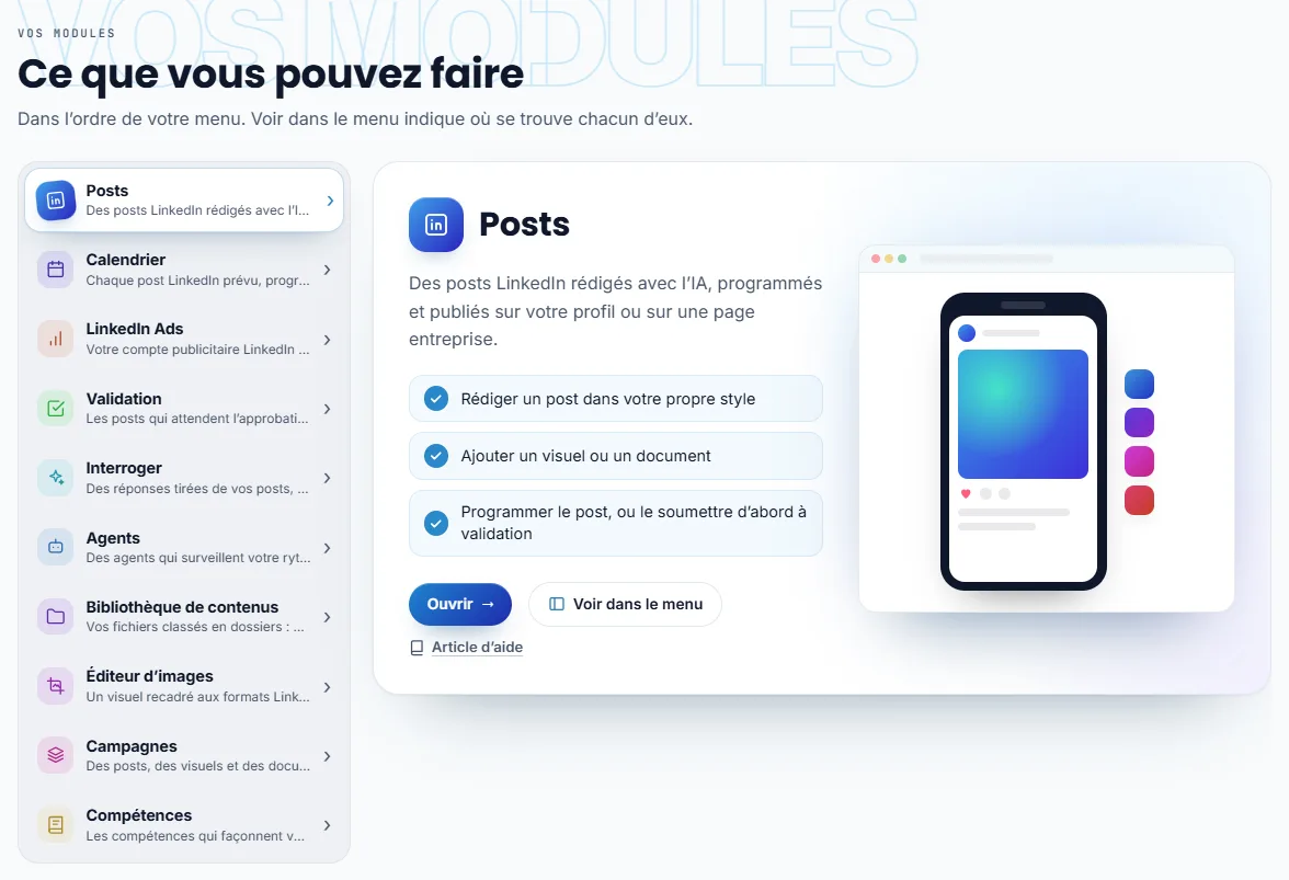 Ce que vous pouvez faire : les modules du menu listés à gauche et, à côté, celui qui est ouvert, avec son rôle, trois usages concrets, Ouvrir, Voir dans le menu et Article d’aide