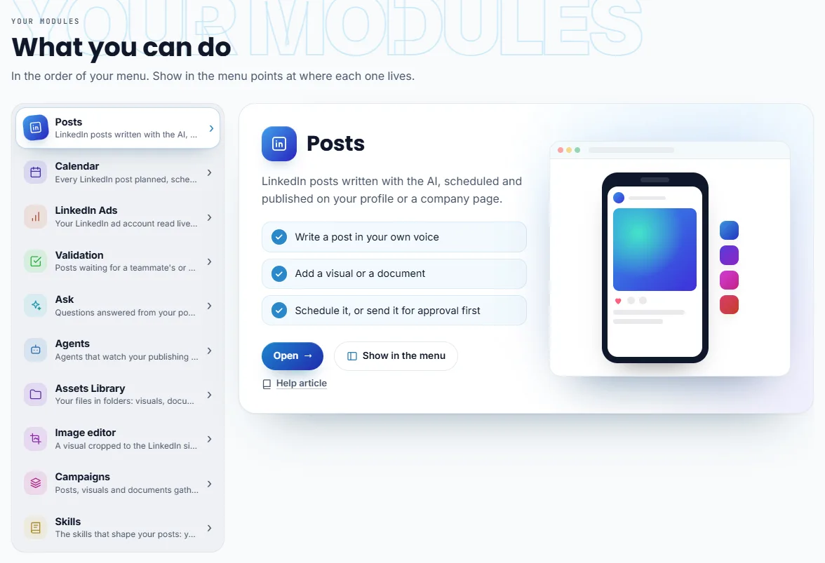 What you can do: the modules of the menu listed on the left, and the chosen one open beside them with what it does, three things to do with it, Open, Show in the menu and Help article