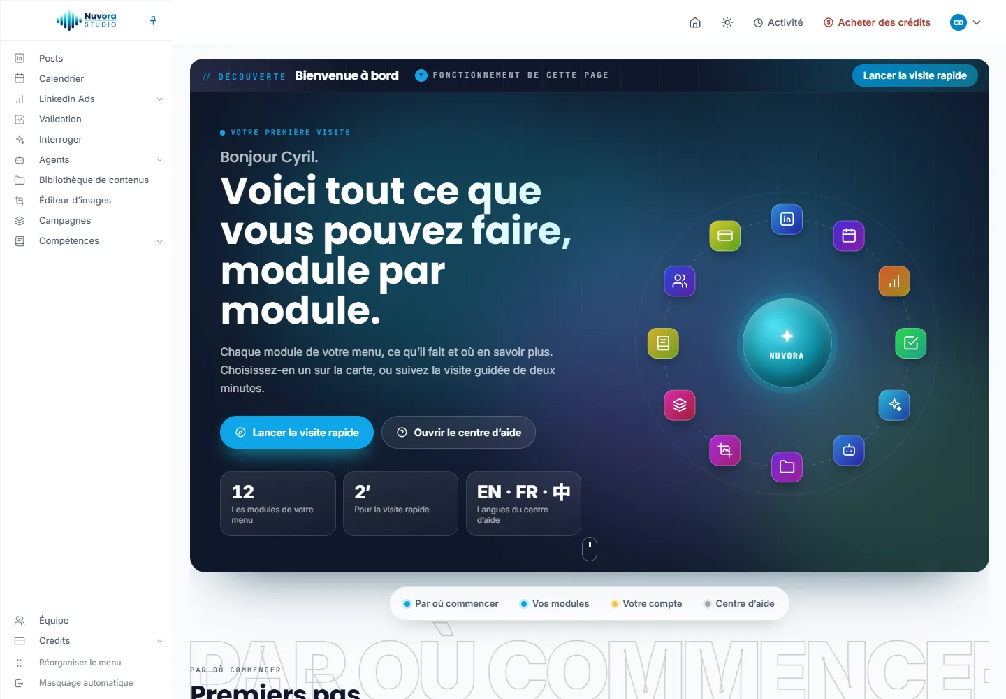 La page Découverte lors d’une première visite : Bienvenue à bord, le mot d’accueil avec Lancer la visite rapide et Ouvrir le centre d’aide, le nombre de modules du menu et la carte des modules autour du logo Nuvora