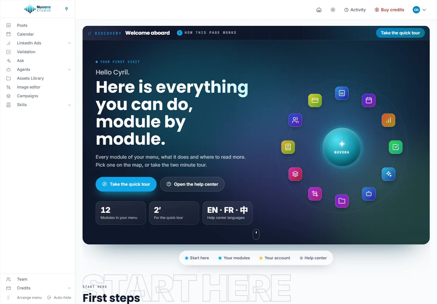 The Discovery page on a first visit: Welcome aboard, the greeting with Take the quick tour and Open the help center, the number of modules in the menu, and the map of the modules around the Nuvora mark