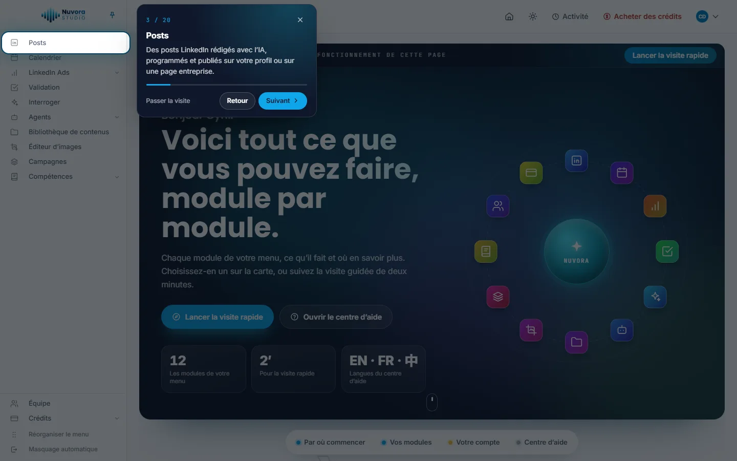 La visite rapide pointe Posts dans le menu, avec le rôle du module, Passer la visite, Retour et Suivant