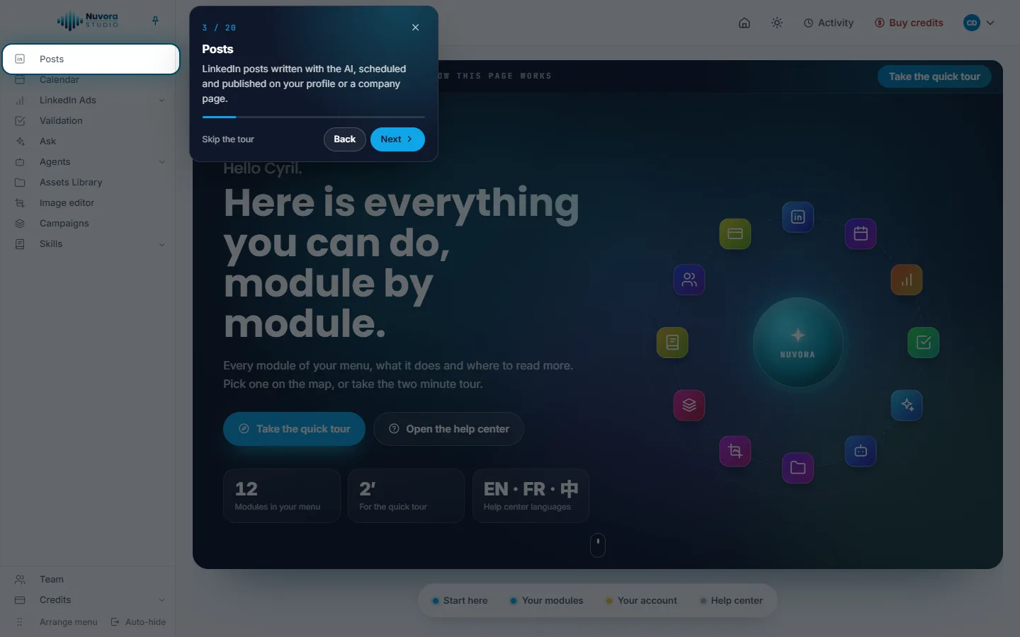 The quick tour pointing at Posts in the menu, with what the module does, Skip the tour, Back and Next