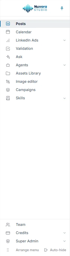 The menu on the left: Posts, Calendar, LinkedIn Ads, Validation, Ask, Agents, Assets Library, Image editor, Campaigns and Skills, with Team and Credits at the foot