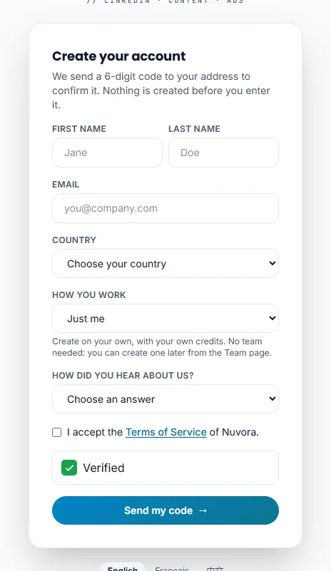 The Create your account card: First name, Last name, Email, Country, the How you work list, the How did you hear about us? list, the Terms of Service box, the I’m not a robot check, ticked, and Send my code