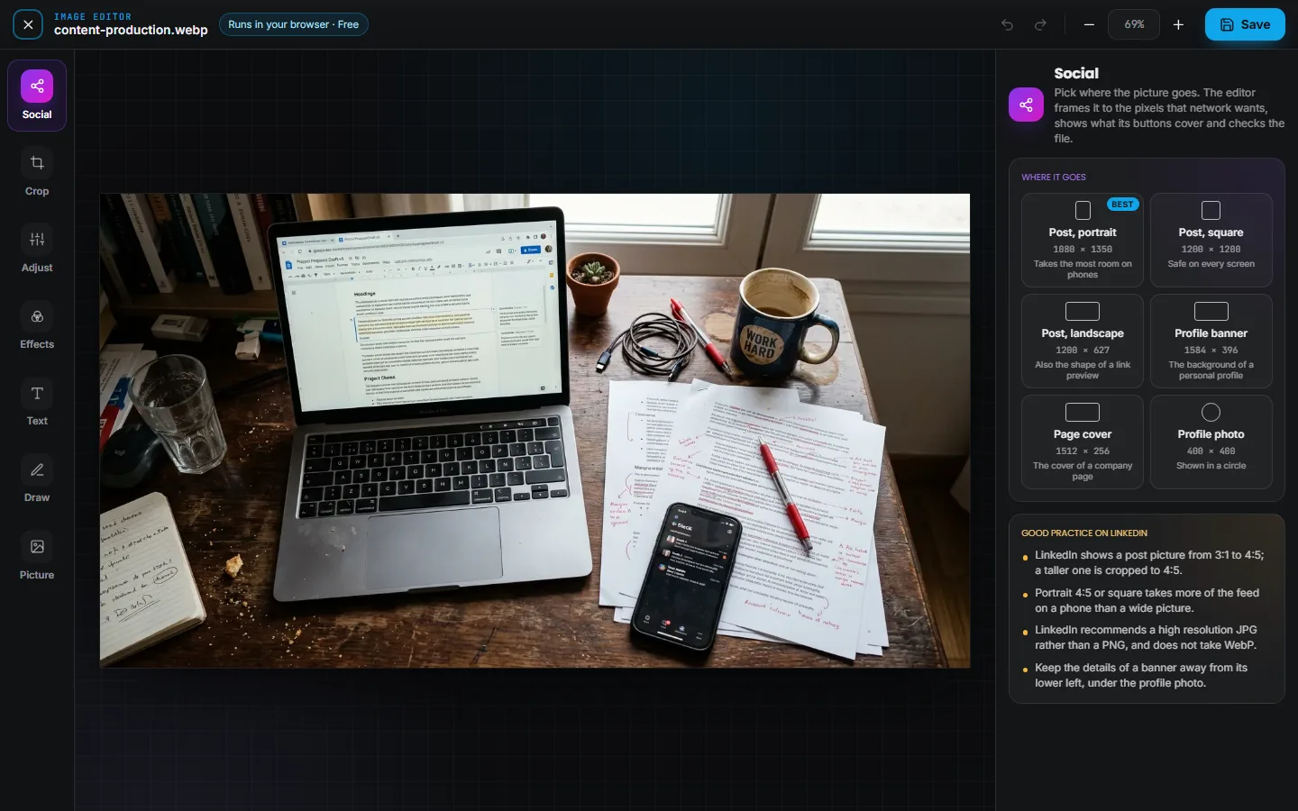 The Image editor open on a photo of a desk with a laptop, on its Social panel: the rail with Social, Crop, Adjust, Effects, Text, Draw and Picture, Save at the top right, the six LinkedIn placements under Where it goes with Post, portrait marked Best, and the Good practice on LinkedIn card