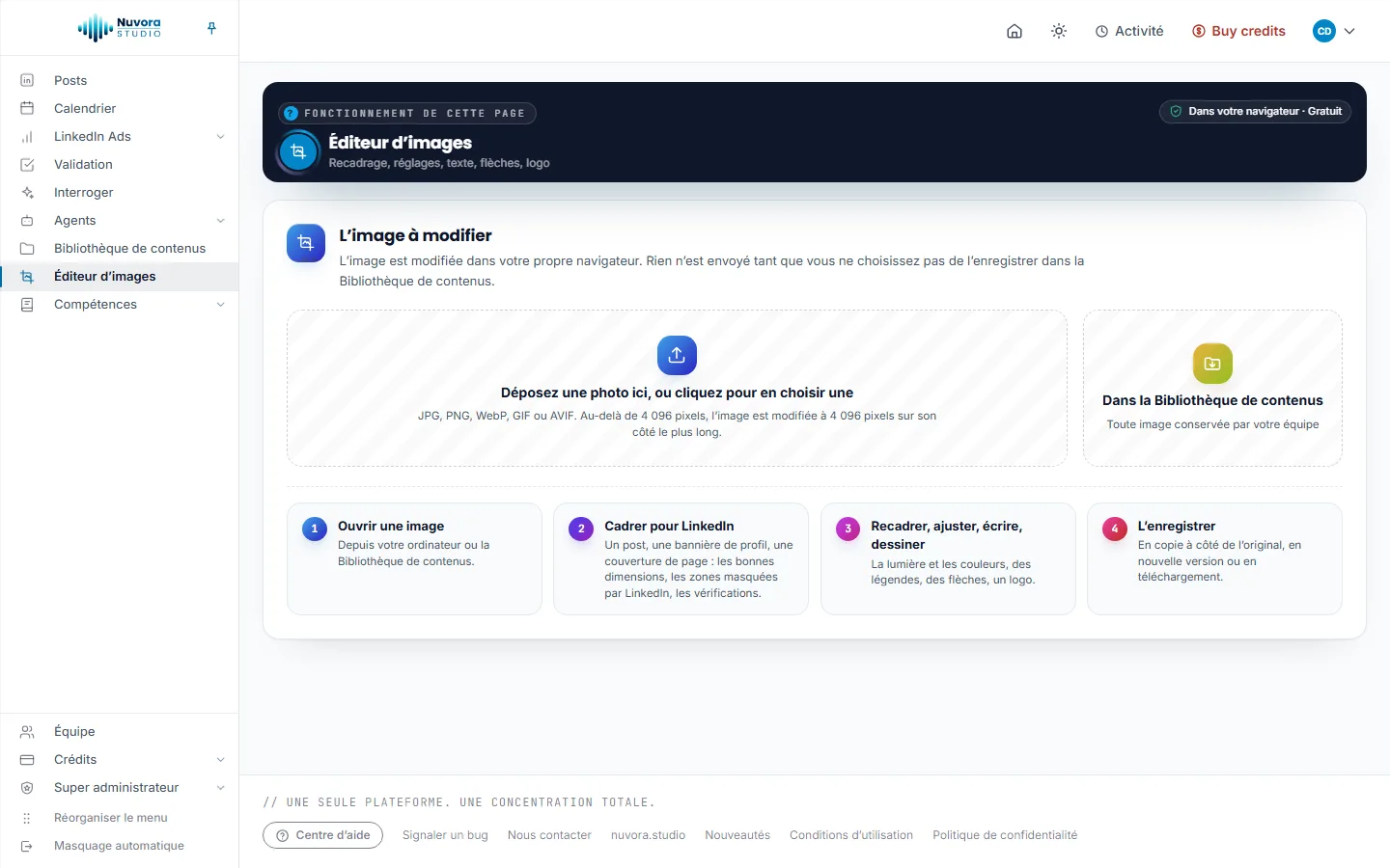 La page de l’Éditeur d’images : la zone où déposer une image, Dans la Bibliothèque de contenus, et les quatre étapes Ouvrir une image, Cadrer pour LinkedIn, Recadrer, ajuster, écrire, dessiner, et L’enregistrer