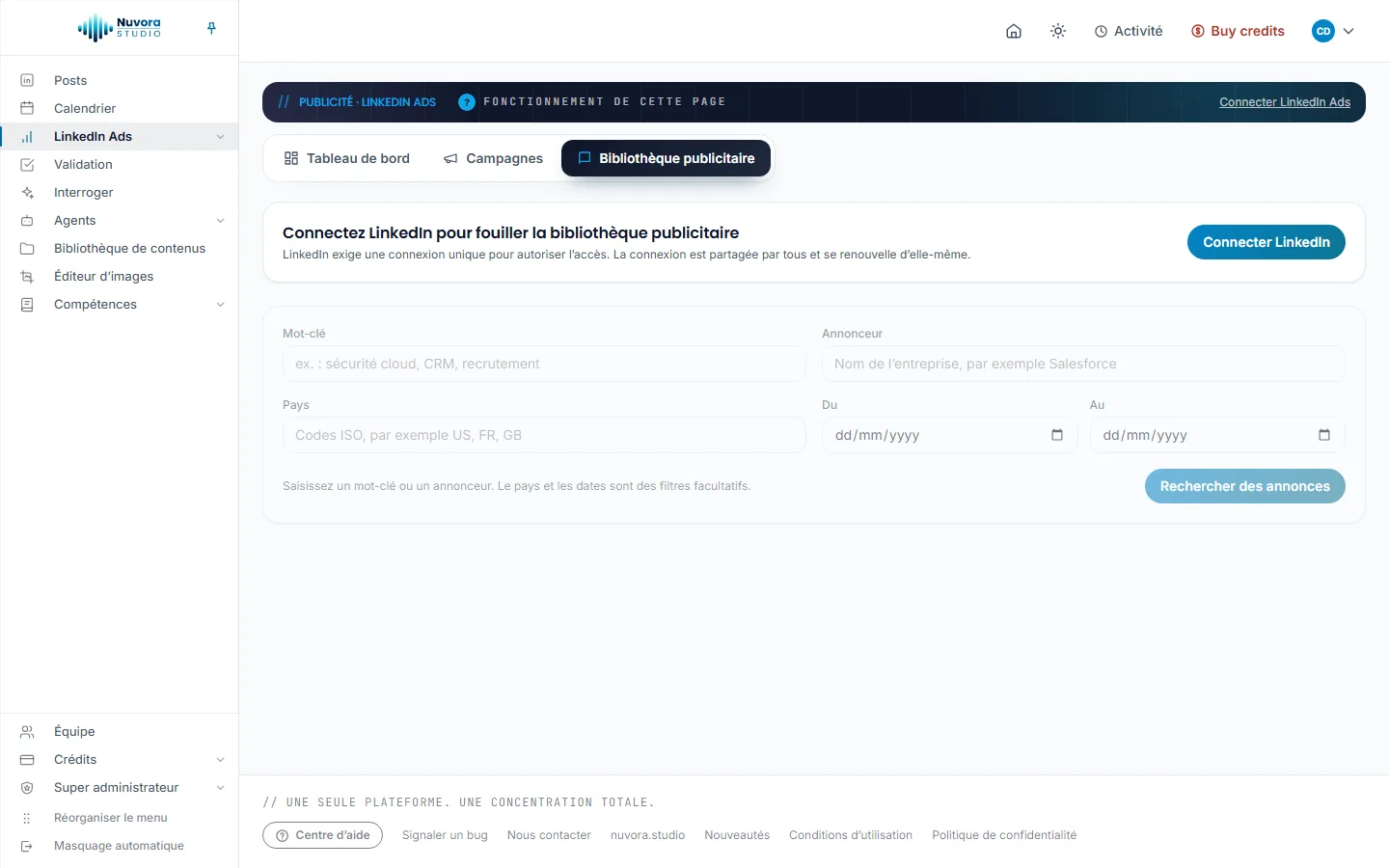 L’onglet Bibliothèque publicitaire : l’invitation à connecter LinkedIn au-dessus du formulaire de recherche, avec Mot-clé, Annonceur, Pays, Du, Au et Rechercher des annonces