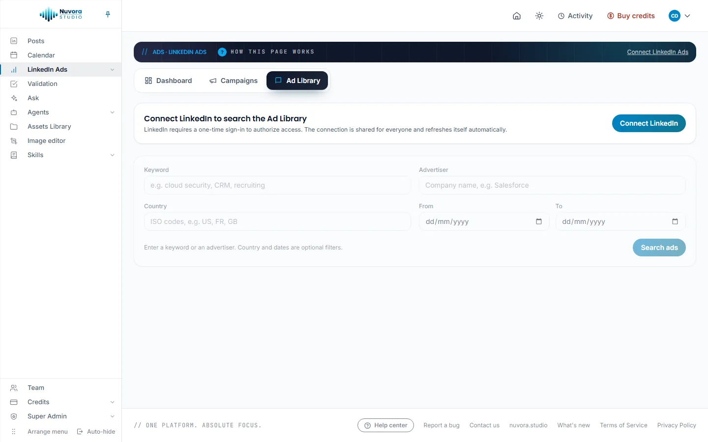 The Ad Library tab: the Connect LinkedIn prompt above the search form with Keyword, Advertiser, Country, From, To and Search ads