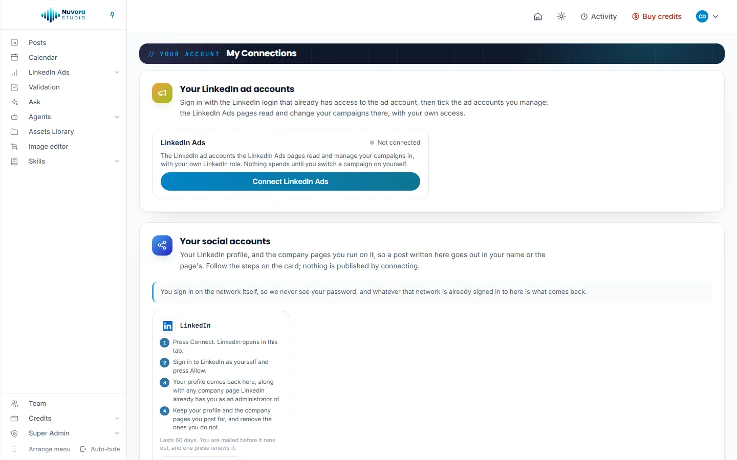My Connections with nothing connected: the Your LinkedIn ad accounts card with LinkedIn Ads, Not connected and Connect LinkedIn Ads, then the Your social accounts card with the LinkedIn card and its four steps