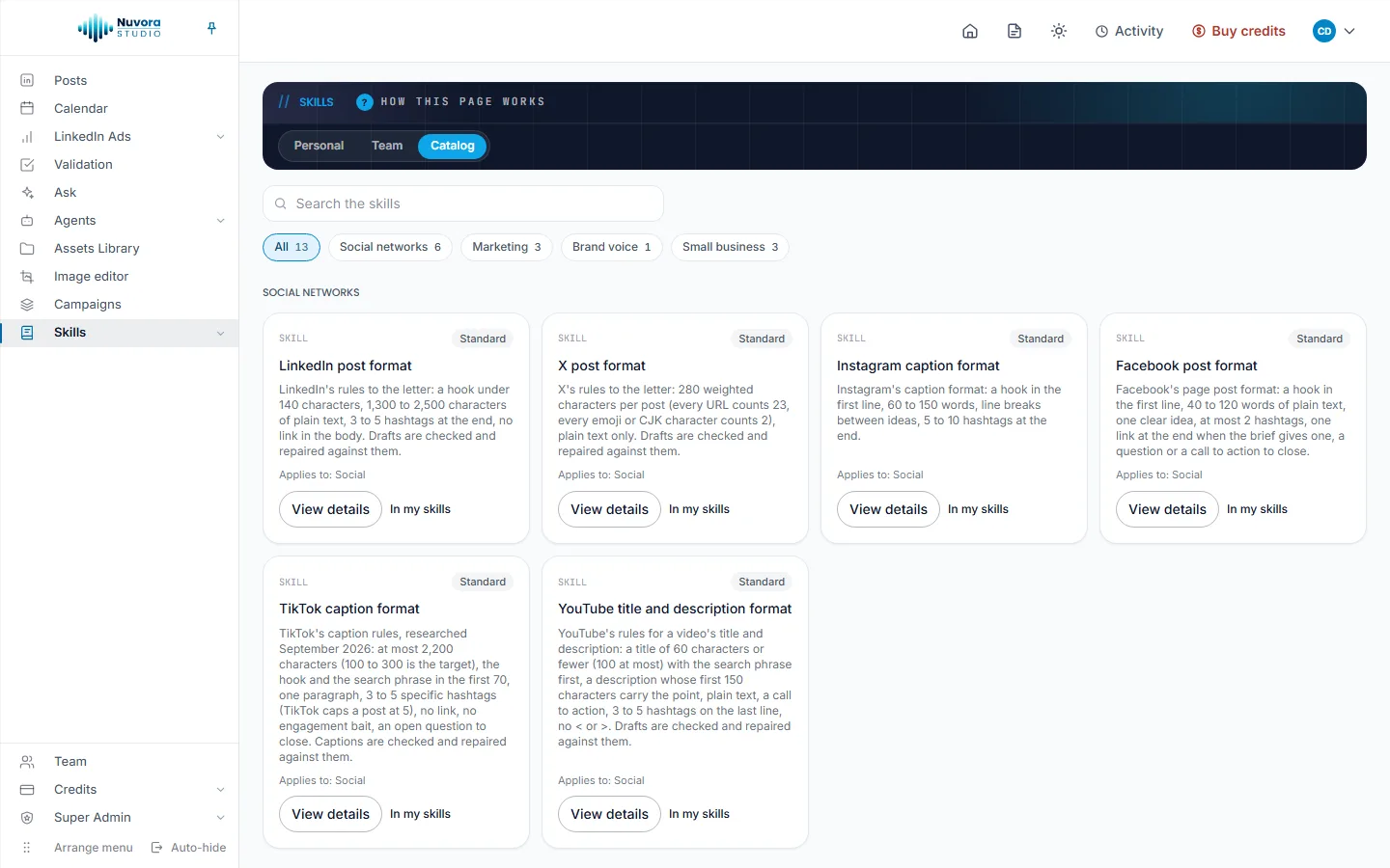 The Catalog with its search box, the All, Social networks, Marketing, Brand voice and Small business chips, and the Social networks skills marked In my skills