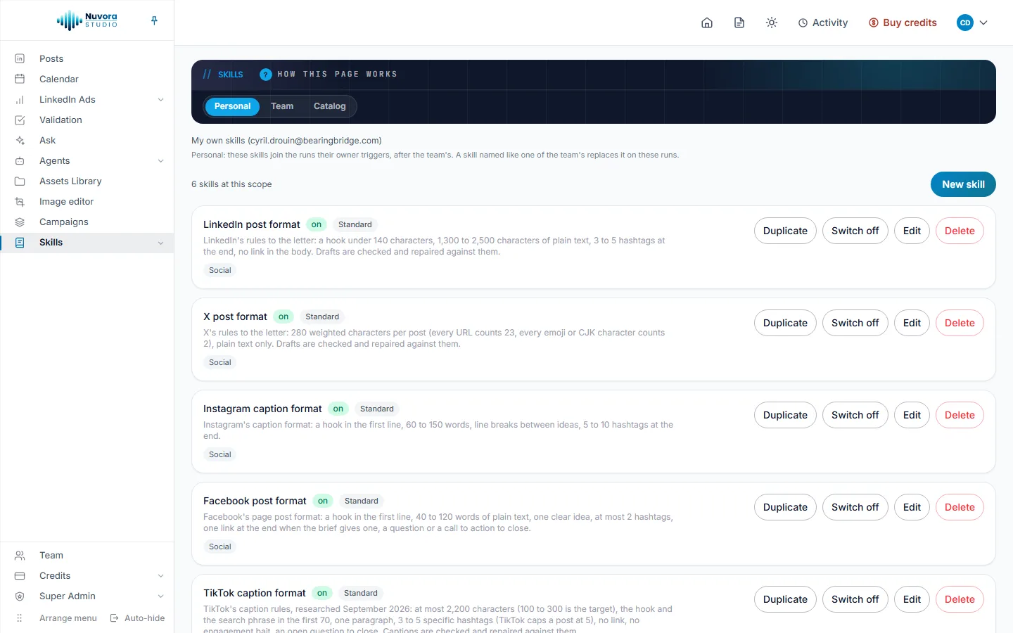 My skills: the Personal, Team and Catalog tabs, New skill, and the standard post format skills, each switched on, with Duplicate, Switch off, Edit and Delete