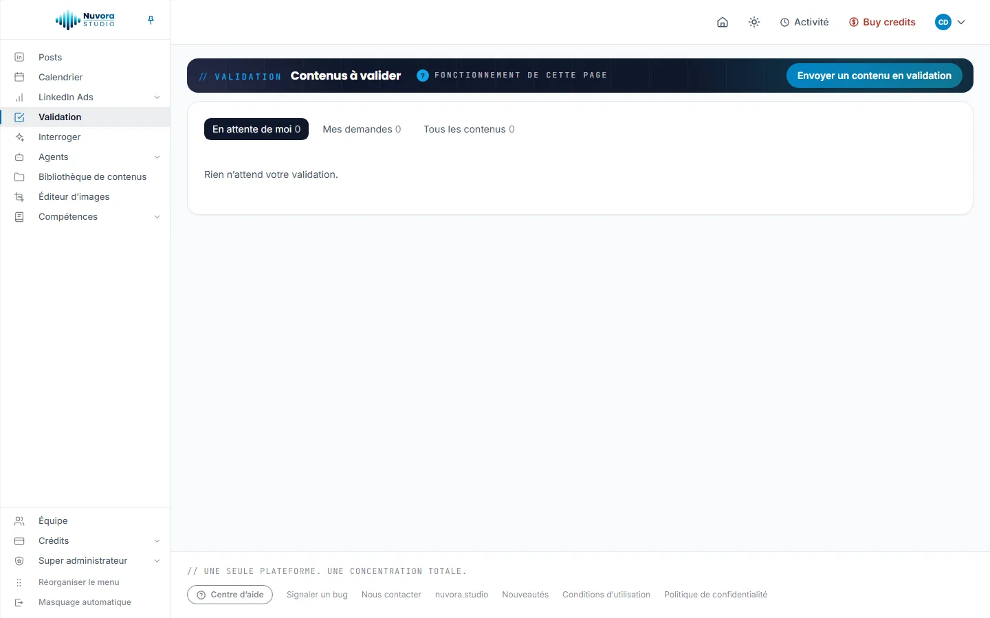 La page Validation intitulée Contenus à valider, avec le bouton Envoyer un contenu en validation et les onglets En attente de moi, Mes demandes et Tous les contenus, chacun à 0, au-dessus de la ligne Rien n’attend votre validation