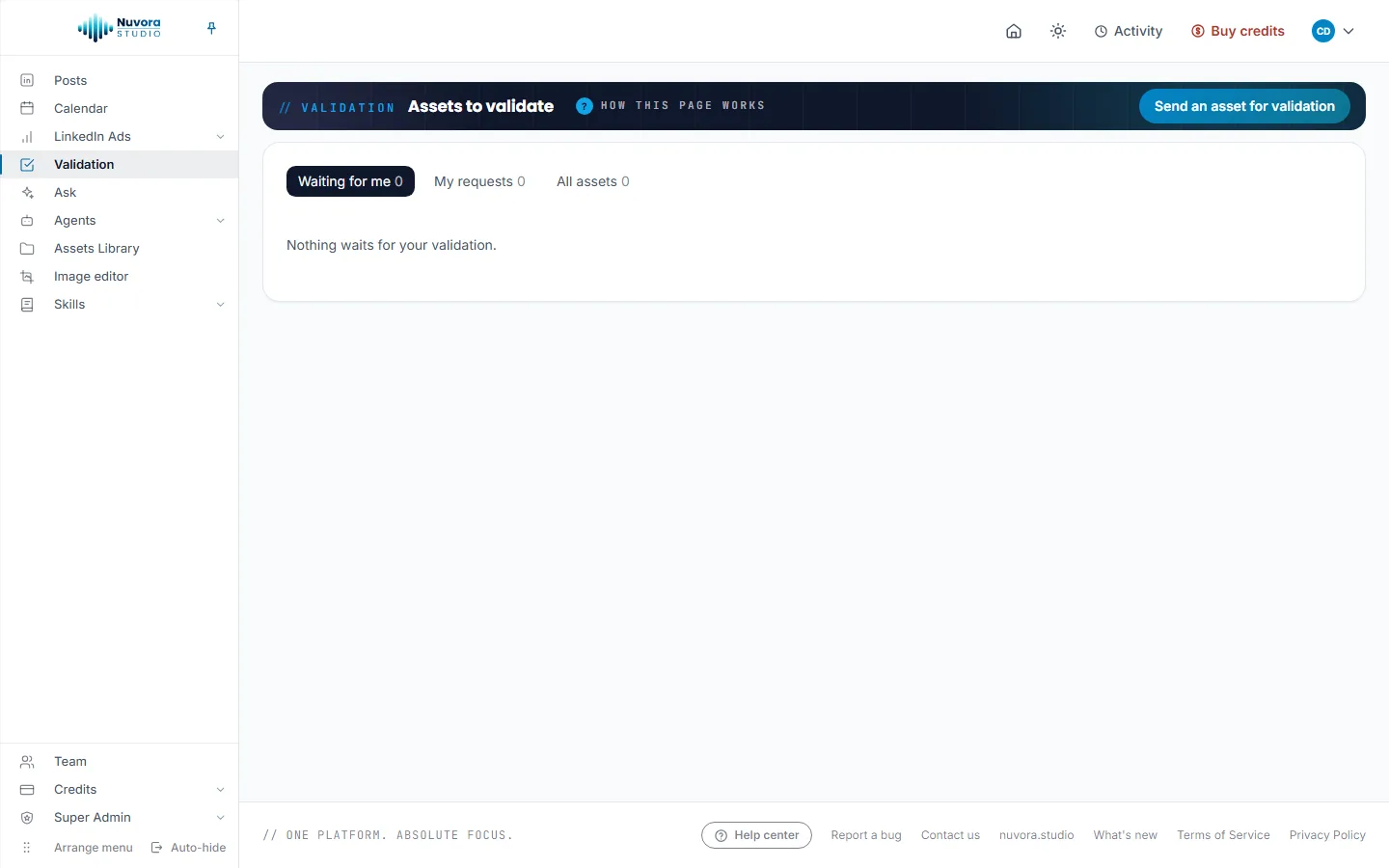 The Validation page titled Assets to validate, with the Send an asset for validation button and the Waiting for me, My requests and All assets tabs, each at 0, above the line Nothing waits for your validation