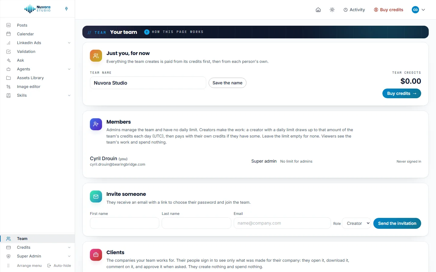 The Team page of a new team: Just you, for now, the team name with Save the name, Team credits at $0.00 with Buy credits, the Members card with one admin and No limit for admins, then the Invite someone, Clients and Invoices and sign-in cards
