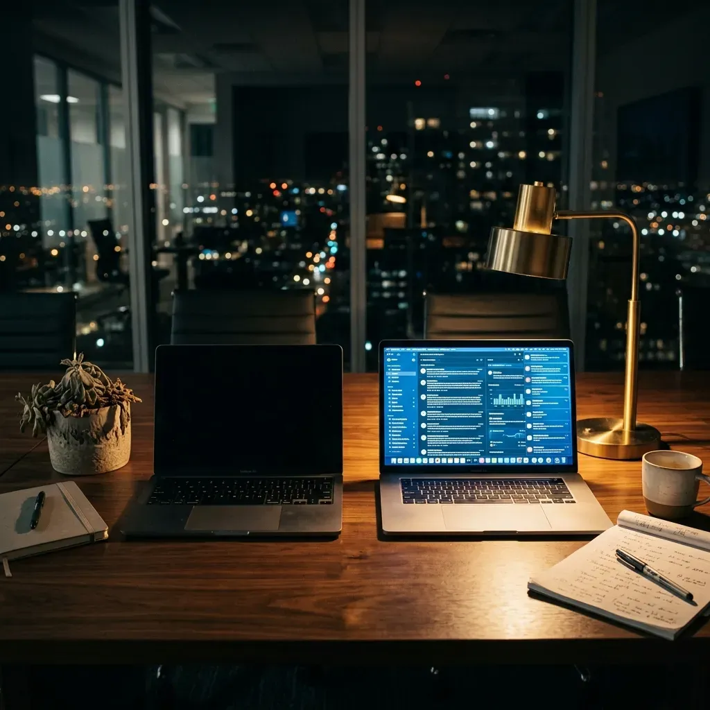 Split-screen comparison of two laptops: left shows empty LinkedIn notifications with zero impressions and flat analytics, right shows a flood of connection requests, new leads, and 12,400 reach