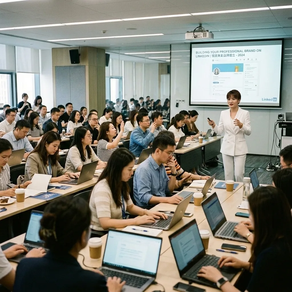 Professional workshop scene with presenter teaching LinkedIn profile optimization strategy